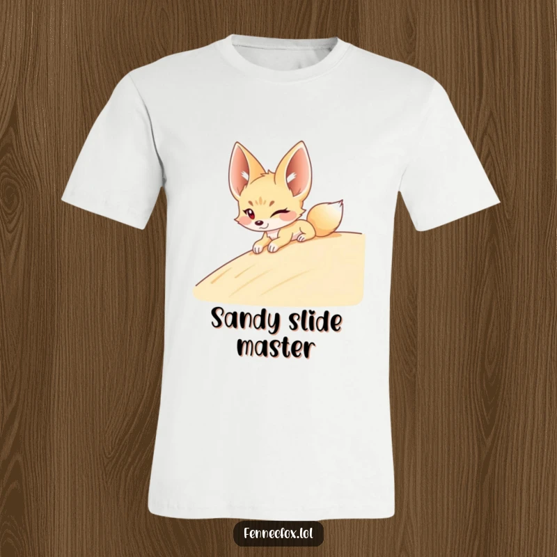 Funny Fennec Fox T-Shirt: A fennec fox with a playful wink slides down a sandy dune, capturing a moment of pure desert fun.