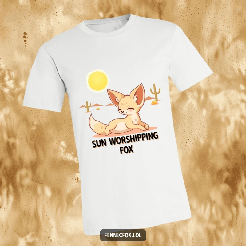 Funny t-shirt depicting a fennec fox stretching out lazily under a blazing desert sun, radiating pure comfort.