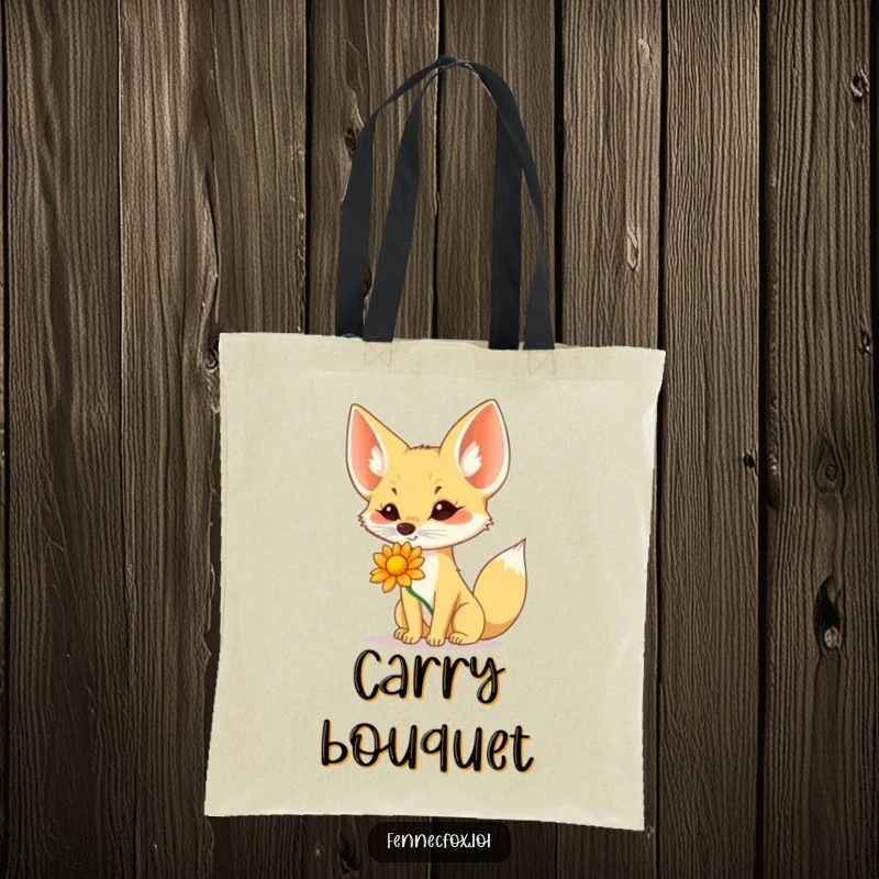 Funny Fennec Fox Tote Bag: A fennec fox humorously balances a desert flower on its nose, a symbol of delicate fun.