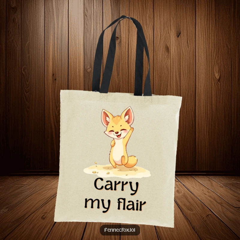 Funny fennec fox tote bag with a playful character doing a somersault in soft sand, perfect for carrying daily items with flair.