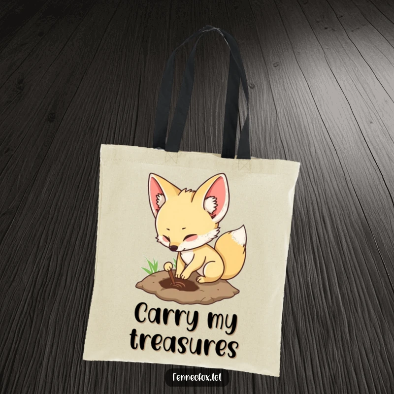 Funny fennec fox tote bag depicting a character digging a hole, showcasing its playful and adventurous nature.