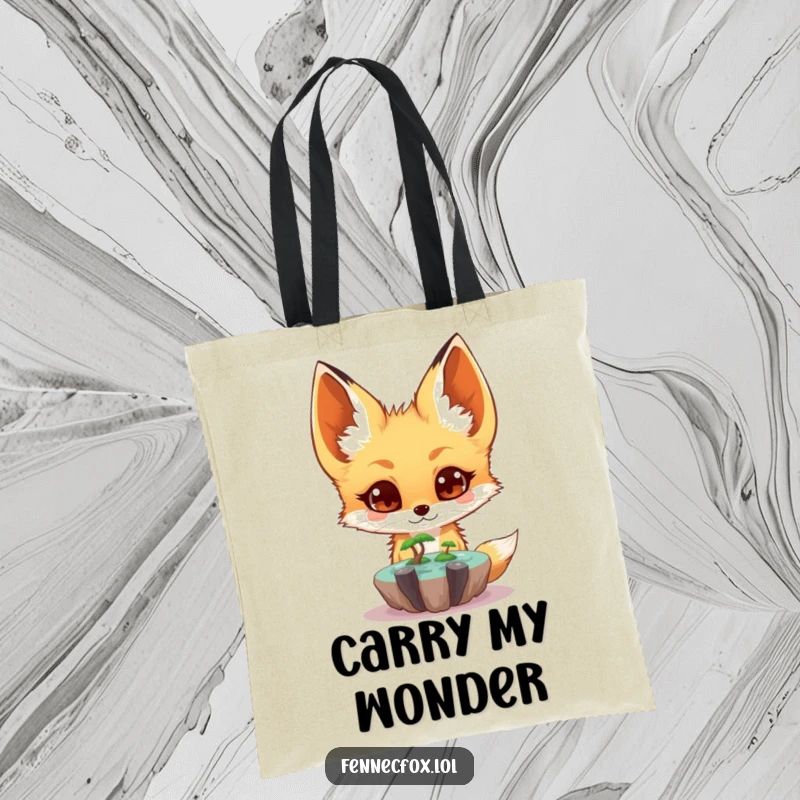 Funny fennec fox tote bag featuring a surprised character looking at a magical floating oasis, perfect for carrying daily items with wonder.