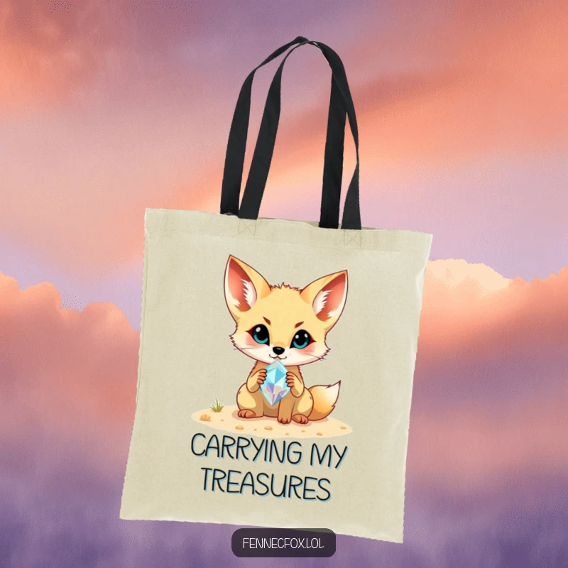 Funny Fennec Fox Tote Bag: Showcasing a cute fennec fox proudly presenting a glittering gemstone discovered in the sandy desert.