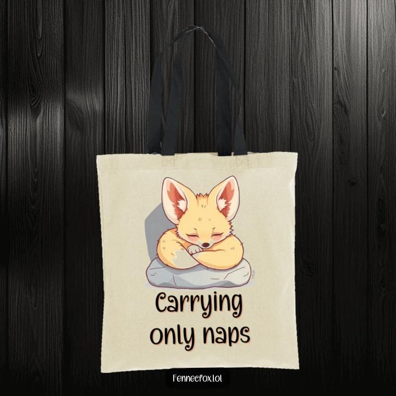 Funny Fennec Fox Tote Bag: Featuring a sweet, sleeping fennec fox napping soundly beneath a desert rock, perfect for everyday use.