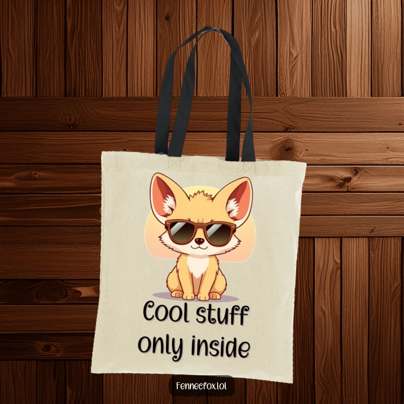 Funny Fennec Fox Tote Bag with a cool fox wearing tiny sunglasses, looking at a desert sunset. Practical and stylish.