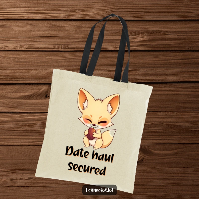 Funny fennec fox tote bag, winking knowingly, holding a date fruit, projecting an image of cool confidence and desert savvy.