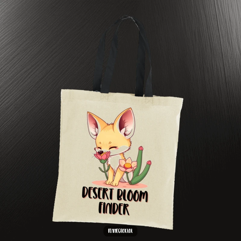 Funny Tote Bag featuring a fennec fox excitedly sniffing a desert flower, perfect for carrying essentials with a touch of desert charm.