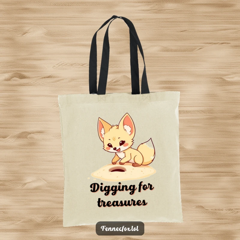 Funny fennec fox tote bag with a cartoon desert fox digging enthusiastically in sand, perfect for carrying all your treasures.