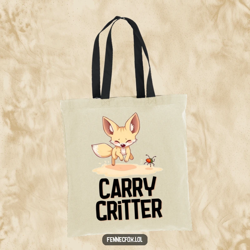 Funny Fennec Fox Tote Bag: A fennec fox humorously chases a shimmering beetle, symbolizing a funny and joyful quest.