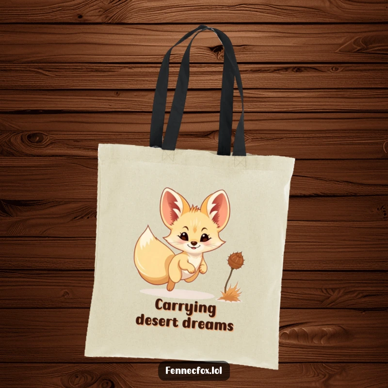 Funny Fennec Fox Tote Bag: A delightful fennec fox with a sweet smile enthusiastically pursues a tumbleweed across a sandy terrain.