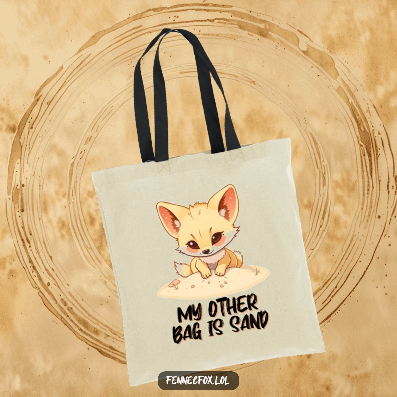 Funny Fennec fox tote bag featuring an energetic character digging enthusiastically in soft desert sand, a perfect companion for any shopper.