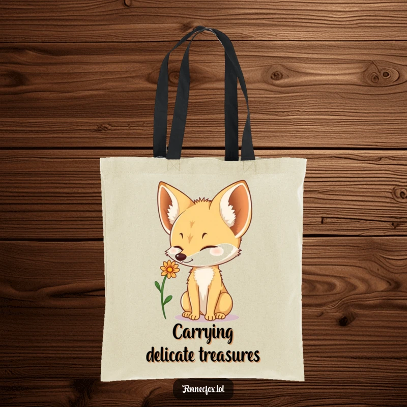 Funny Fennec Fox tote bag with a cute fox balancing a small desert flower on its nose, perfect for carrying items.