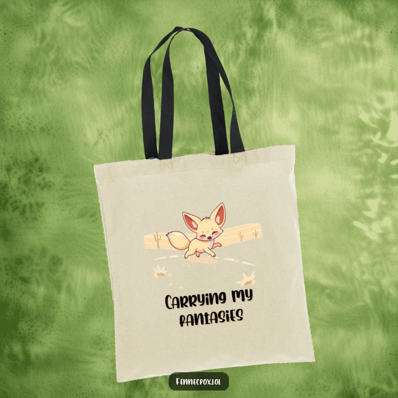 Funny Fennec Fox Tote Bag with a playful fox chasing a shimmering desert mirage. Practical and hilariously relatable.