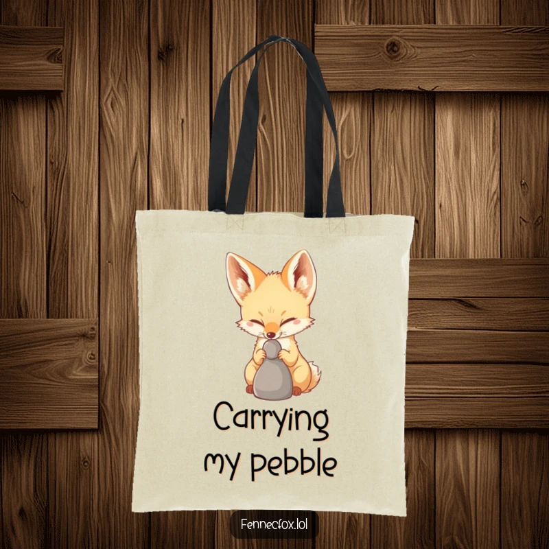 Funny Fennec Fox Tote Bag showing a fennec fox precisely balancing a small pebble on its nose, a symbol of focus and humor.
