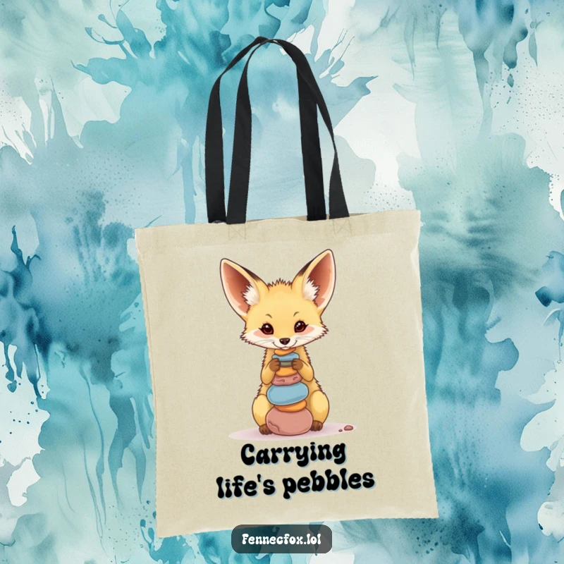 Funny Fennec Fox Tote Bag featuring a cute desert fox masterfully balancing a stack of colorful pebbles on its nose.