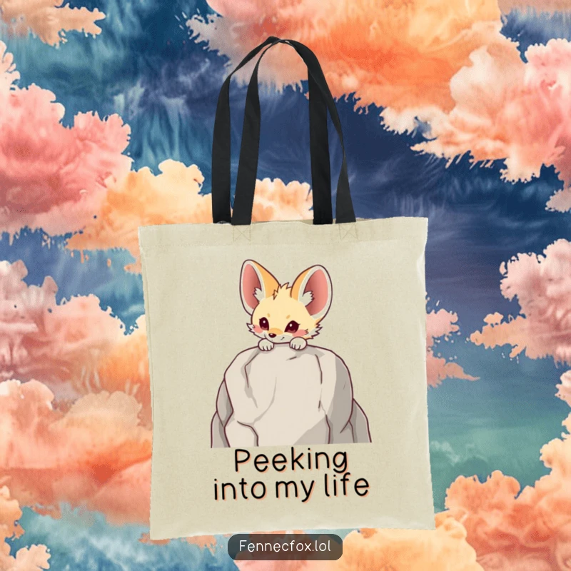 Funny Fennec fox tote bag featuring a character curiously peeking over a tall rock, ideal for carrying essentials with a hint of mystery.