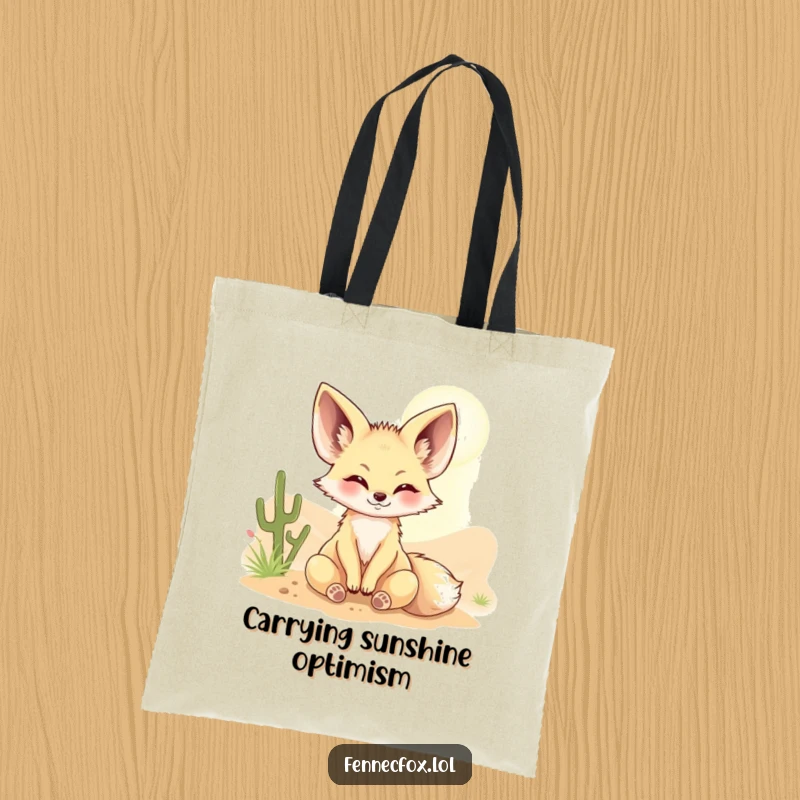 Funny Fennec fox tote bag featuring a character happily basking in a desert sunbeam, ideal for carrying essentials with a cheerful vibe.