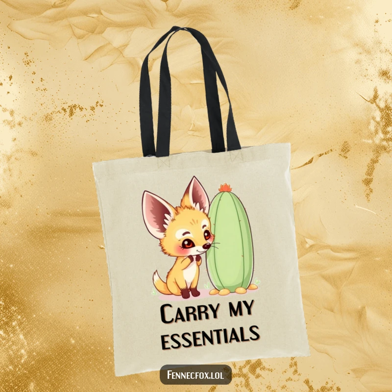 Funny fennec fox tote bag featuring a happy character curiously sniffing a large, whimsical cactus, perfect for carrying daily items with flair.