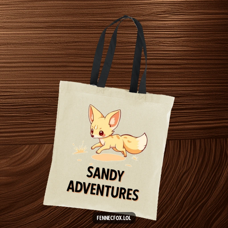 Funny tote bag showing a fennec fox character scampering across a sandy landscape, great for carrying groceries, books, or desert-themed treasures.