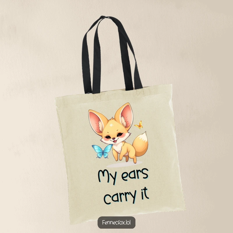 Funny kawaii fennec fox with huge ears joyfully chasing a shimmering butterfly, printed on a durable tote bag. A funny, practical accessory.