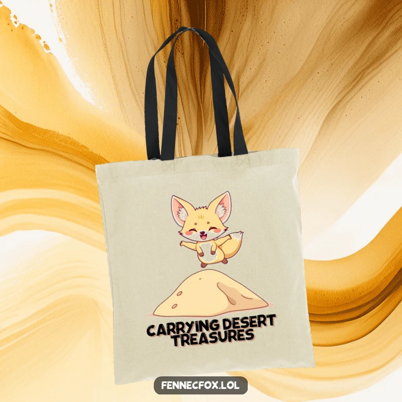 Funny tote bag illustrating a fennec fox gleefully jumping over a sand dune, perfect for carrying essentials.