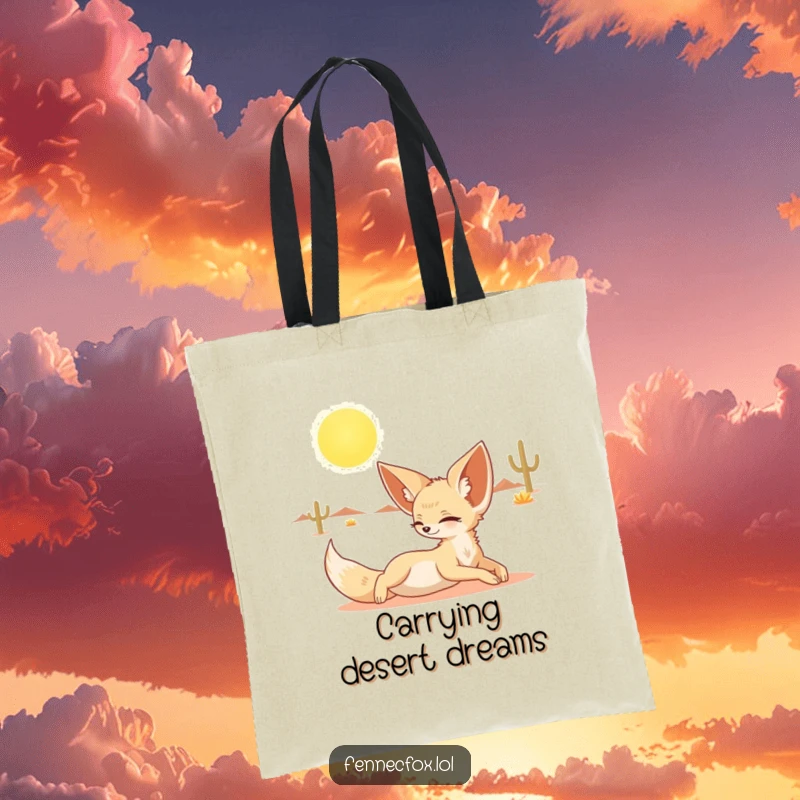 Funny tote bag with a fennec fox stretching out under the desert sun, perfect for carrying daily essentials.
