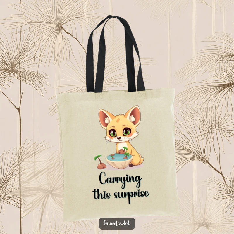 Funny surprised fennec fox with wide eyes observing a tiny, floating oasis on a durable tote bag. A funny and magical accessory.
