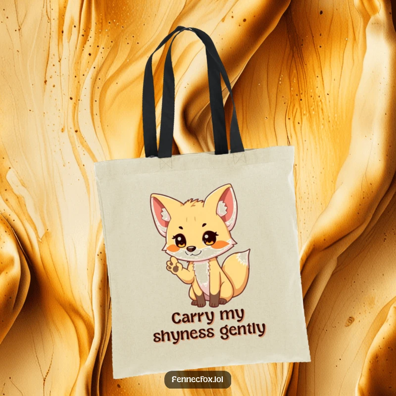 Funny shy Fennec Fox tote bag with a cute fox giving a small, shy wave, perfect for carrying essentials.