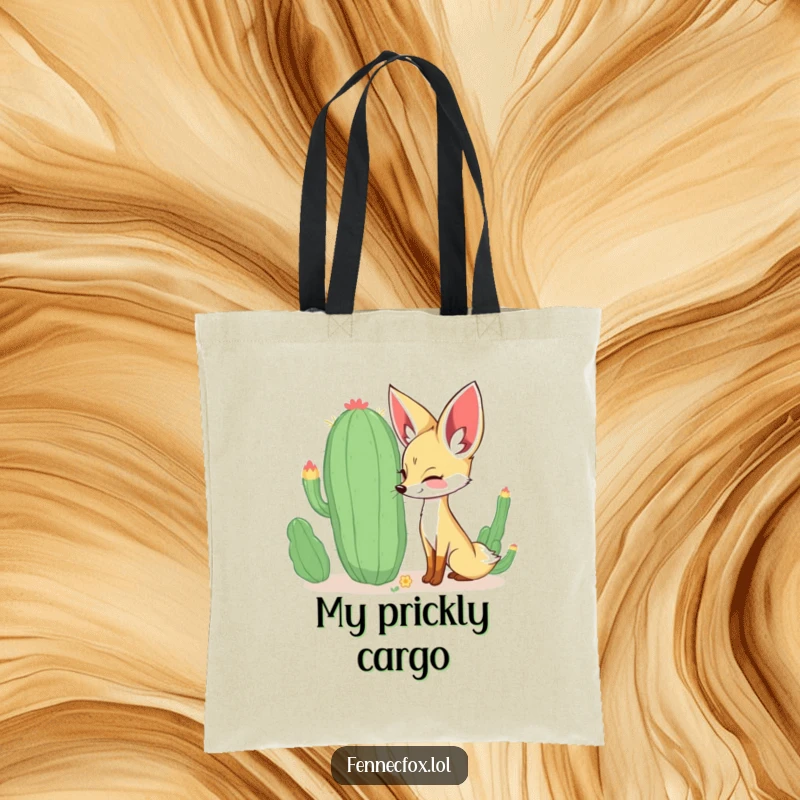 Funny curious fennec fox sniffing a large, whimsical cactus with a happy expression on a durable tote bag. A funny and practical accessory.