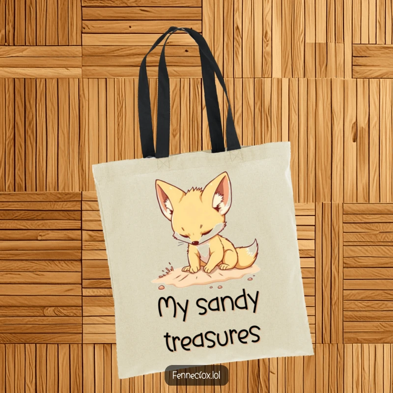 Funny tote bag illustration of a fennec fox with large ears playfully digging in the sand with a determined expression, perfect for animal lovers.