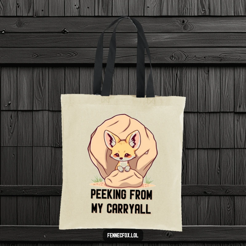 Funny Fennec Fox Tote Bag showing a curious fennec fox peeking out from behind a desert rock, ready for adventures or secrets.