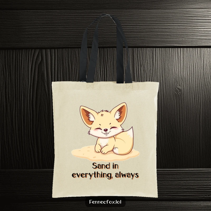 Funny Fennec Fox tote bag with a mischievous fox rolling in soft sand, perfect for everyday use.