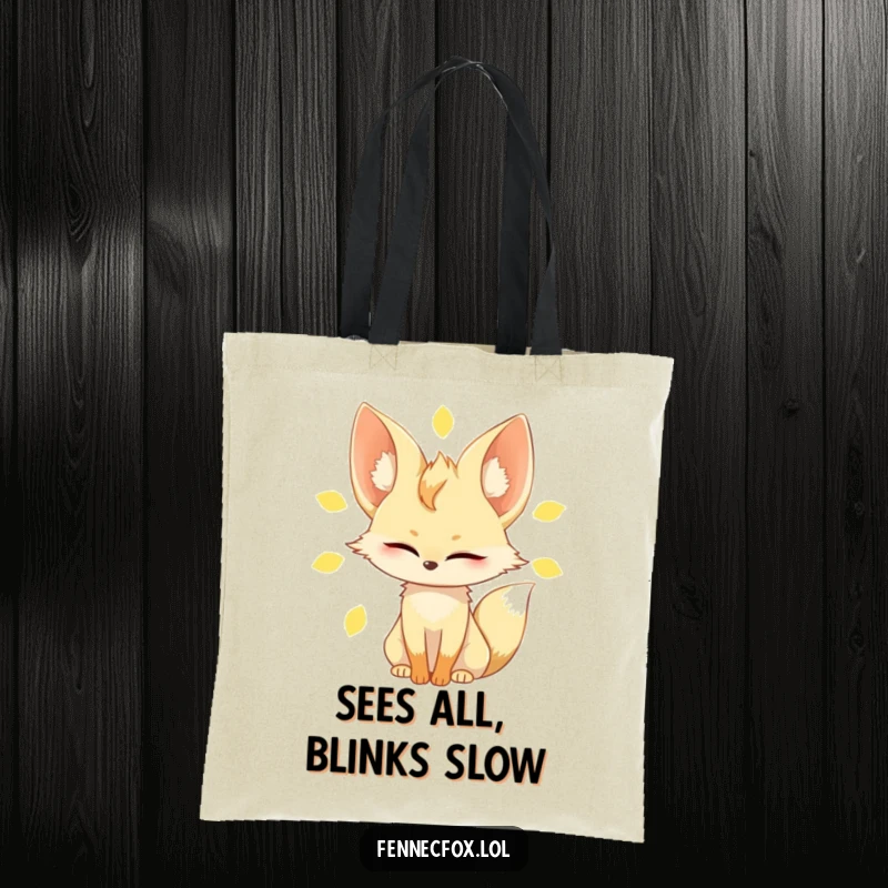 Funny fennec fox tote bag, showing a character slowly blinking with eyes half-closed in bright sunlight, large ears perked slightly.