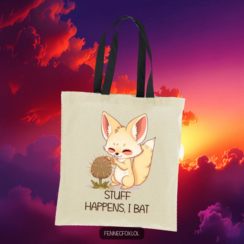Funny Fennec Fox tote bag with a playful fox batting a tumbleweed, great for carrying items with humor.