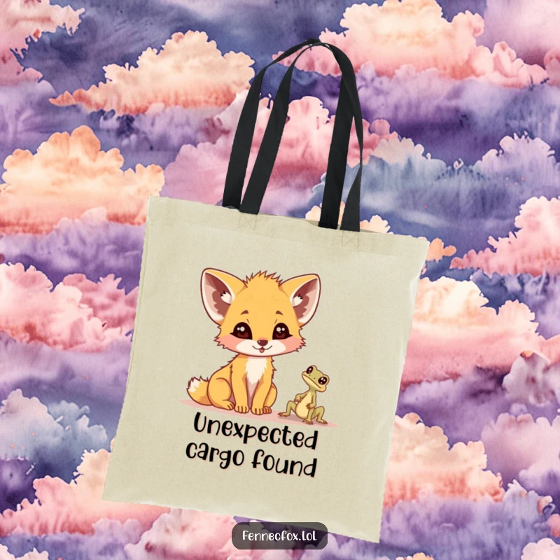 Funny fennec fox tote bag, with wide eyes and perked ears, reacting comically to a tiny desert lizard, a scene of lighthearted shock.